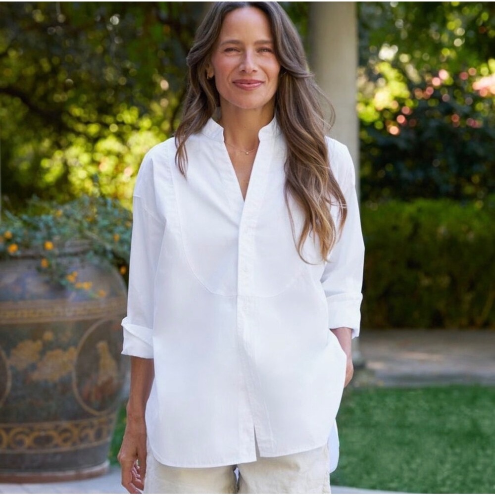Frank & Eileen Victoria White Cotton Tuxedo Bib Shirt Oversized Womens Small S